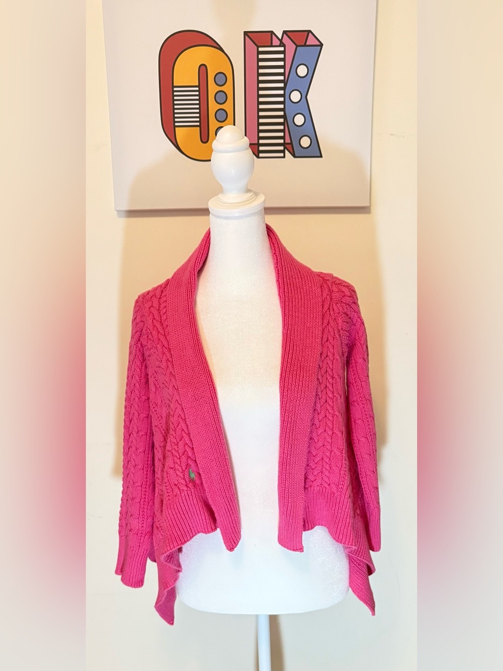 Ralph Lauren Bright Pink Cable-Knit Shawl Collar Draped Front Cardigan